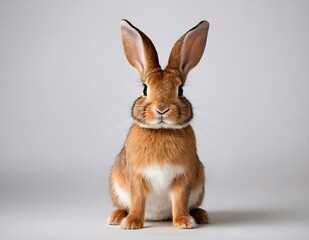 Obraz premium Curious rabbit sitting upright on a wooden surface against a soft beige background in indoor setting