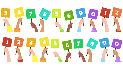 A set of multi-colored tablets with numbers 0-9, held by female hands of different skin colors