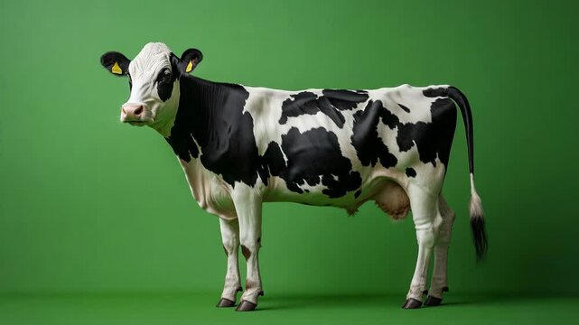 Holstein Dairy Cow Portrait on Green Background, Isolated Farm Animal Photography in Studio