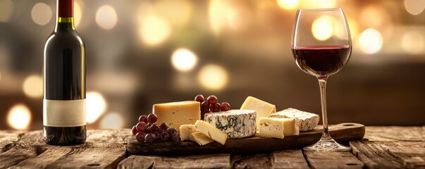 A sophisticated setting with a glass of red wine and a bottle, accompanied by a platter of assorted cheeses and grapes on a rustic wooden table.