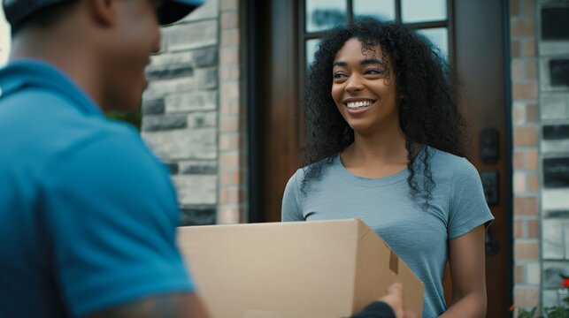Online shopping provides a seamless experience with a happy woman receiving a package at her doorstep, emphasizing modern delivery services, convenience, and customer satisfaction