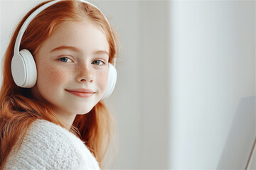 Naklejka premium Portrait of a cheerful redhead girl with freckles studying online and make homework on laptop computer at home wearing headphones.. Copy space. Distance learning concept