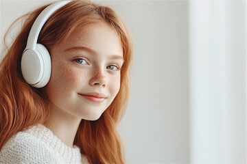 Naklejka premium Cheerful redhead girl with freckles wearing headphones, smiling happily. Copy space. Education or distance learning concept