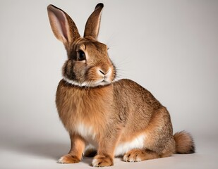 Fototapeta premium Curious rabbit sitting upright on a wooden surface against a soft beige background in indoor setting