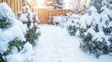   A snow-covered yard with evergreen trees and a wooden fence in the background, as snow falls softly onto the ground and tree branches in the foreground