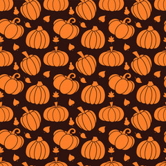 Pumpkin Seamless Pattern. Autumn Seasonal Endless Background. Fall Harvest Gift Wrapping Paper. Thanksgiving and Halloween Backdrop.