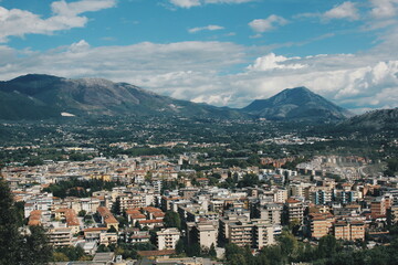 town under the mountains and blue sky