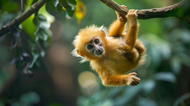 a cute baby golden monkey playfully hanging upside down from a tree branch