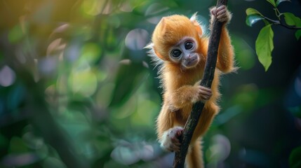 Fototapeta premium a cute baby golden monkey playfully hanging upside down from a tree branch