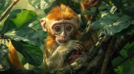 Fototapeta premium a cute baby golden monkey clinging to its mother, nestled among the branches of a tree