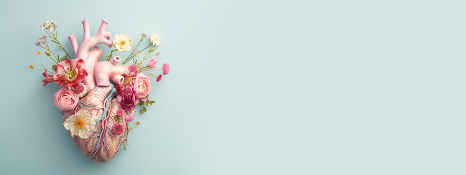 Human heart with flowers, love, respect and emotion concept, good hearted person, humanitarian help, thankful and charity