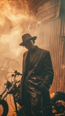 Obraz premium Urban Rapper in Stylish Black Suit Posing by Motorcycle gangster style black outfit mafia boss