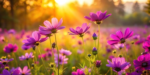 Fototapeta premium Vibrant purple flowers bloom abundantly in a serene, sun-drenched field, swaying gently in the breeze, surrounded by lush greenery and warm, golden light.