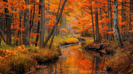 Fiery autumn colors in a New England forest, USA, with a small brook winding through 40k, full ultra HD, high resolution.