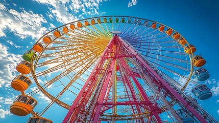 Colorful Ferris wheel against a blue sky with white clouds.
