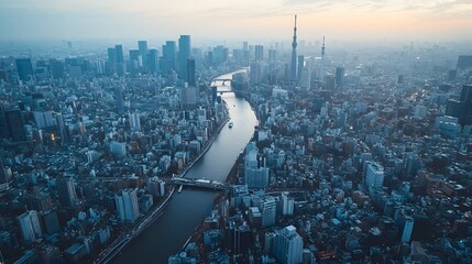 Aerial view of a city skyline with a river under a misty morning sky