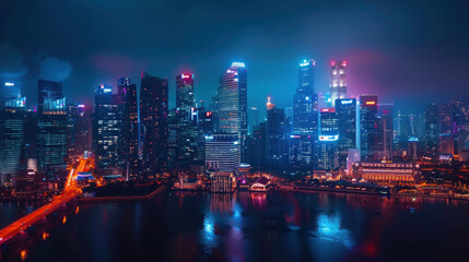 Night skyline of Singapore, with futuristic architecture and vibrant city lights 40k, full ultra HD, high resolution.