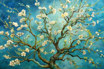 Blossoming almond tree in a beautiful oil painting style, capturing the delicate beauty of springtime with soft colors and intricate details. Ideal for art prints, nature-themed projects, and seasonal