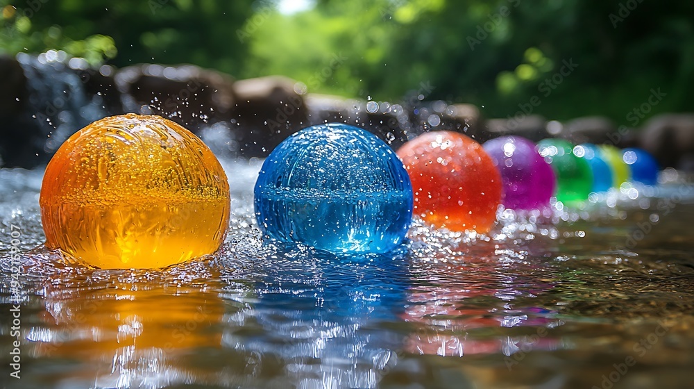 Poster colorful glass balls floating on a cascading stream, creating a mesmerizing visual.