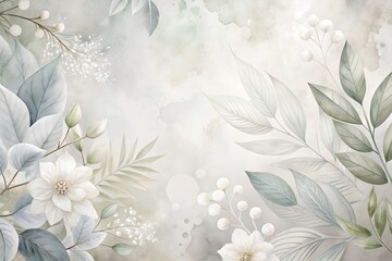 Floral nature background featuring white plant leaves and delicate flowers in soft pastel tones. Ideal for elegant designs, wedding themes, and nature-inspired art projects.