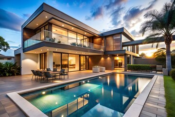 Sleek lines and sophisticated textures in a luxury home with a modern architectural design, featuring a pool and spacious outdoor area. Ideal for real estate, architecture, and lifestyle themes.