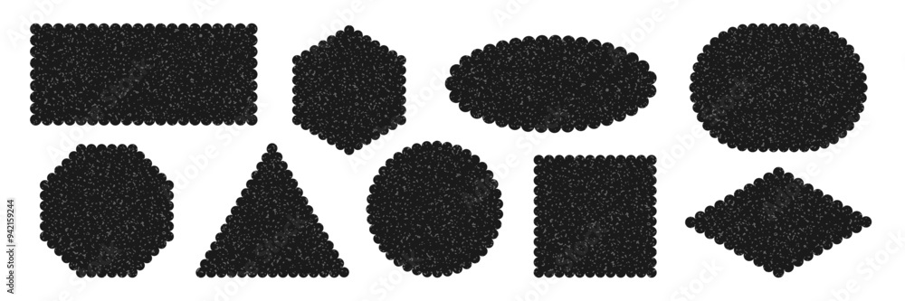Poster various scalloped frames with scratch texture. black geometric shapes stickers with wavy curvy edge.