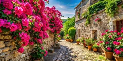 Vibrant pink flowers bloom in a quiet, sun-drenched corner of an old stone wall, surrounded by lush greenery and soft, worn cobblestones.