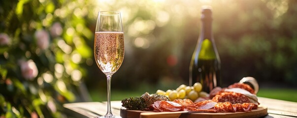 A glass of sparkling wine with a bottle and charcuterie board against a lush garden backdrop on a sunny day