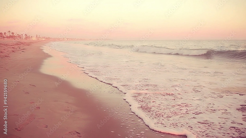 Canvas Prints   A picture of a beach with waves crashing onto the shore while a city is visible in the background, shrouded in mist