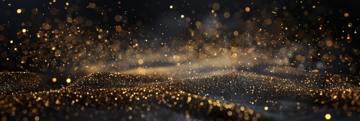 Fototapeta premium A mesmerizing animation of golden particles dancing on a dark background, creating a luxurious and captivating visual experience. Perfect for backgrounds, presentations, and special effects.