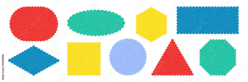 Poster set of playful scalloped geometric shapes. frames stickers with scratched grainy texture. tag label 