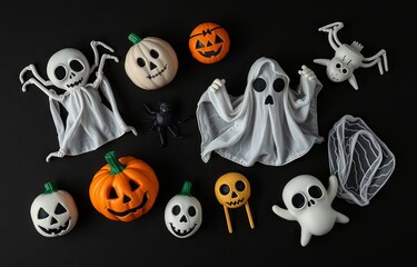 Halloween toys and decoration on dark background.