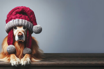 Cute dog in Santa Claus hat on wooden floor against grey background. Space for text
