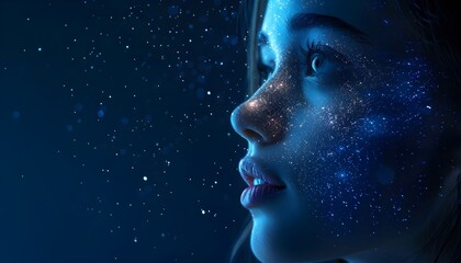 Cosmic Glow Portrait Young Woman Ethereal Stars Universe Beauty Mystical Light Emotion. AI Generated