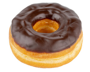 One donut with chocolate frosting. Breakfast treat pastry. Sugary tasty snack to eat and drink coffee with. Chocolate brown glaze on doughnut. Isolated closeup of American sweet. Cake bakery. 