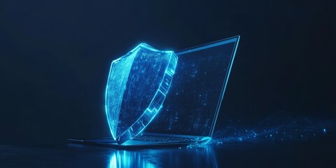 This abstract representation of cyber security features a sleek laptop and a blue, futuristic guard shield, symbolizing essential digital protection and assurance against online threats