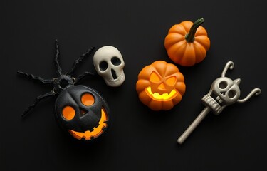 Halloween toys and decoration on dark background.