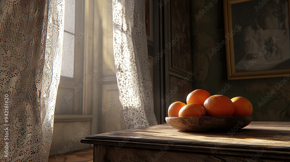 Wall mural   A bowl of oranges rests on a table, facing a window with a lace drape