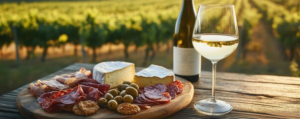 Glass of white wine with charcuterie and cheese platter on rustic table overlooking vineyard during sunset - Powered by Adobe