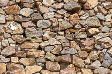 A beautiful texture of an old wall from gray and orange stones with cracks