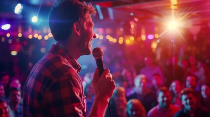 Stand-up comedian performing in front of an audience in a club. The atmosphere is reminiscent of a cozy evening in a club where people have gathered to laugh and have a good time