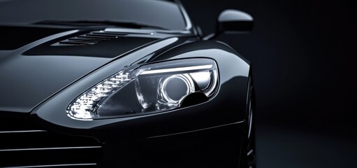 headlights of an expensive gray car, against a black background