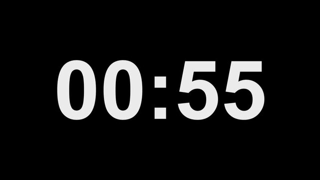 one minute countdown timer animation with smooth transition effects, bold numerical display and dynamic visual elements perfect for presentations, videos and digital projects