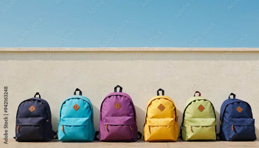 Wall mural group of backpacks isolated on a wooden background empty space for text