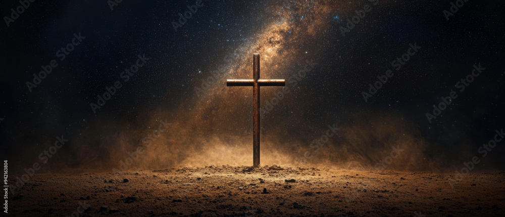 Wall mural a cross is standing in the middle of a field of sand