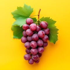 Fototapeta premium An bunch of grapes with green leaves set against a yellow background image