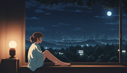 Fototapeta premium Fille manga anime nuit lo-fi retro vue ville soirée.