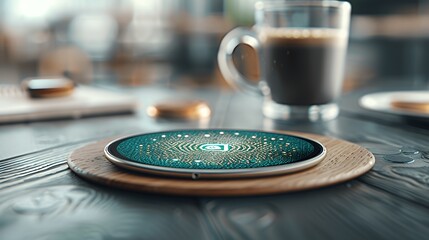 A modern wireless charger on a wooden table beside a coffee cup.