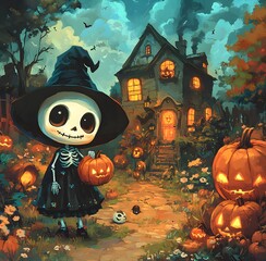 Kawaii Halloween Scene Featuring Smiling Skeleton in Pumpkin Patch Costume with Black Witch Surrounded by Pumpkins and Spooky House Decorated for Halloween Night