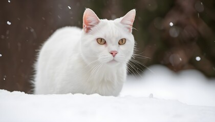 Fototapeta premium A White Cat sitting in the snow